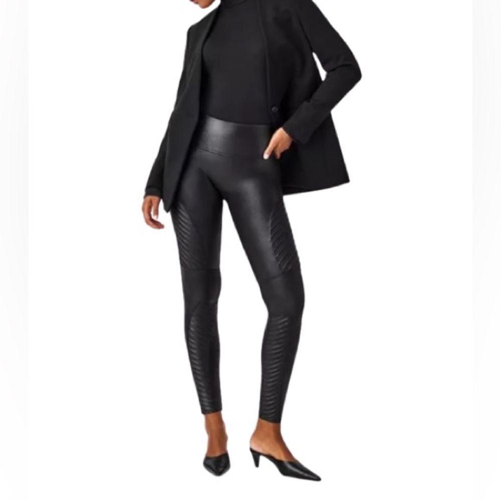 SPANX Moto Faux Leather High-Waist Black Leggings Size LP EUC